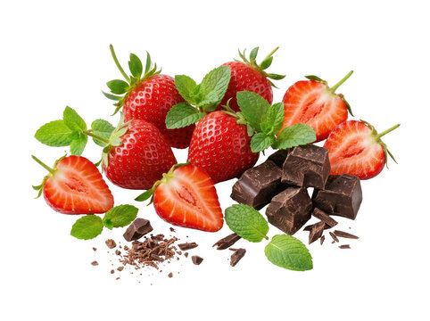 Fresh strawberries and dark chocolate chunks with mint leaves on a white background