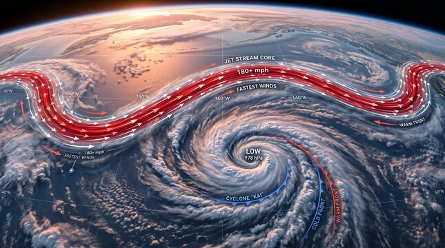 Extreme Close-Up of Jet Stream Winds Over North Pacific &ndash; Red and White Arrows Curving with Low-Pressure System and Semi-Transparent Cloud Layers