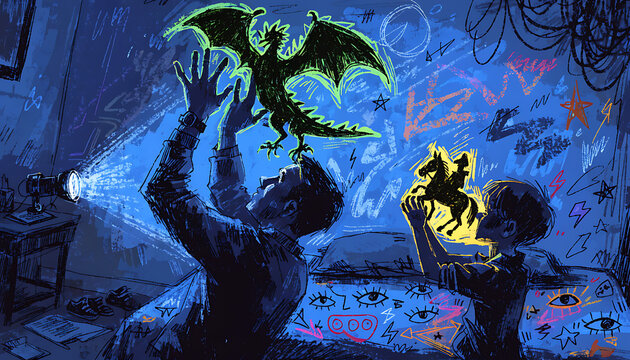 Child playing with shadow puppets of a dragon and horse imagination creativity