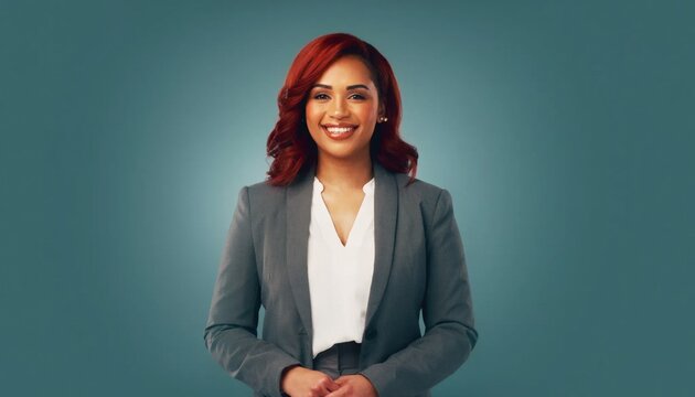 Confident Businesswoman with Red Hair and Dark Gray Suit Smiling