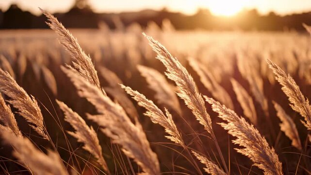 Golden meadow grass glowing in warm sunset light with soft focus and natural countryside background. Concept of tranquility freedom and autumn atmosphere
