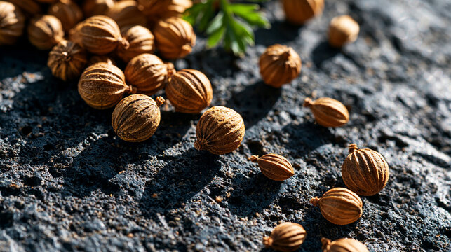 Coriander seeds scattered across a dark basalt grinding stone in an organic diagonal drift, spherical ribbed husks casting elongated shadows under raking sidelight, Coriandrum sativum botanical deta