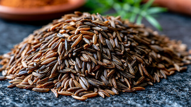 Cumin seeds piled into a dense elongated mound on unpolished black granite, ridged elongated achenes packed tightly with visible striations, Cuminum cyminum macro spice detail, earthy aromatic backd