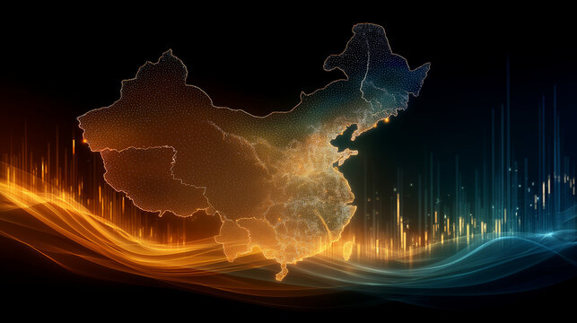 Digital Landscape of China: A glowing outline of China map is superimposed on an abstract background with swirling waves of light and energy in warm orange and cool blue hues.