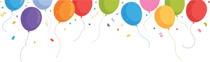 Colorful party balloons vector border, festive celebration decoration with confetti illustration design © Al