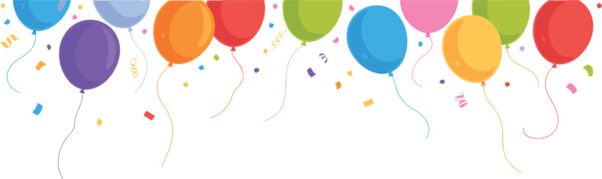 Colorful party balloons vector border, festive celebration decoration with confetti illustration design