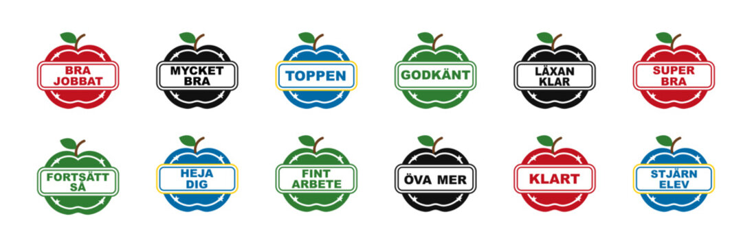 Swedish teacher reward sticker set with apple badges and classroom praise labels. Educational collection for student achievement feedback and school worksheets