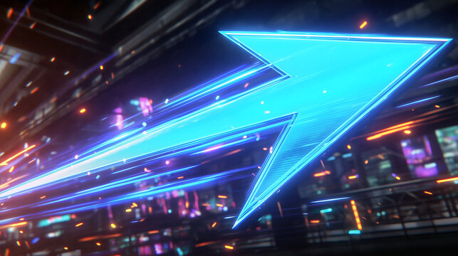 Electric Arrow of Progress: A vibrant blue neon arrow surges forward, illuminating a futuristic cityscape with streaks of light, symbolizing rapid advancement and technological innovation.