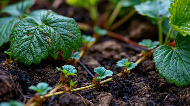 Fragaria &times; ananassa runners extend across dark composted soil, small rooted plantlets forming along each stolon at precise intervals, the propagation process creating an elegant natural network patt