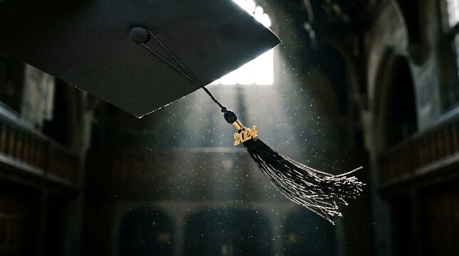 Graduation cap with 2024 tassel thrown in sunlit historic hall