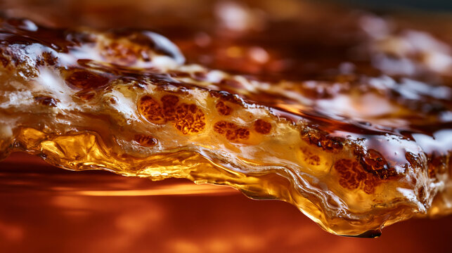 Gelatinous kombucha SCOBY pellicle floating at fermentation jar brim, symbiotic culture surface displaying layered cellulose biofilm structure with acetobacter colony patterning visible at extreme c