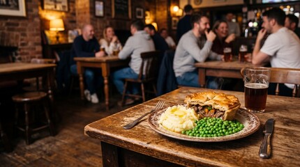 Traditional British steak and ale pie served with mashed potatoes and peas in a cozy, authentic pub setting