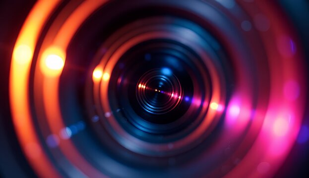 Close up Beautiful camera lens with multi colored light Background pattern for design