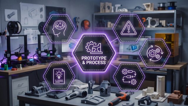 Prototype and Process Engineering Concept with 3D Printing Gear Cycle Innovation and Warning Icons in Lab Setting