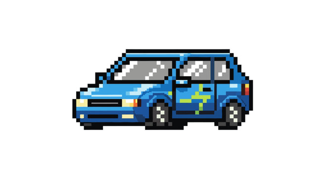 Blue car with green cross symbol.
