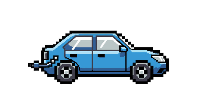 Blue car with damaged front bumper.