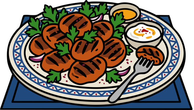 Grilled meatball plate with fresh parsley and dipping sauces, traditional mediterranean kofta vector illustration, middle eastern cuisine dish