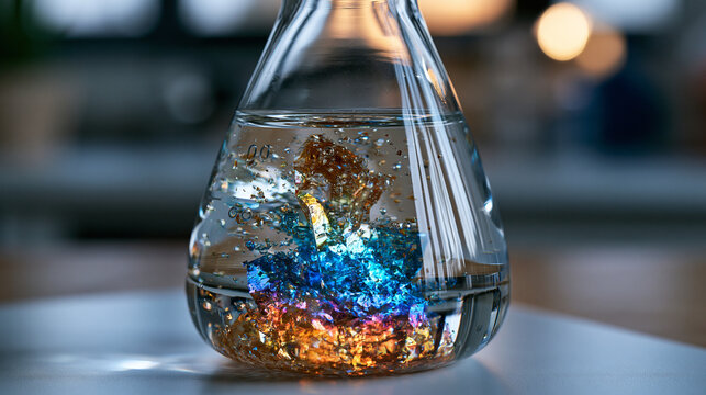 Micro-filtered mineral water in laboratory flask showing suspended total dissolved solids under polarized macro light, crystal mineral particulates refracting into spectral micro-prisms within optic
