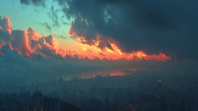 Urban city towers hidden in morning fog with warm sunlight images illustrator