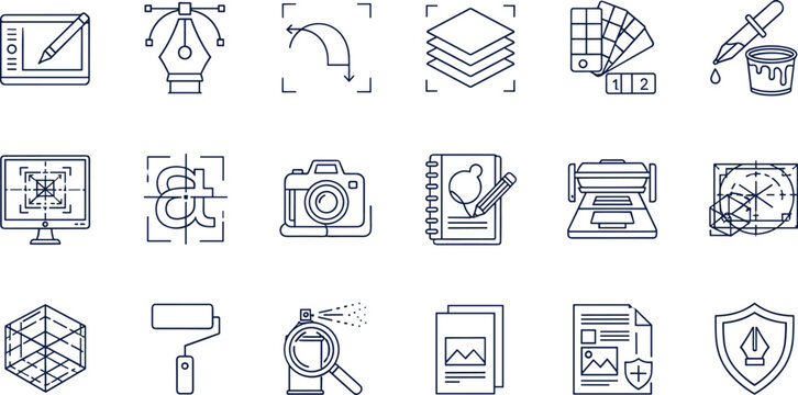 Graphic design and vector art line icon set featuring digital drawing tools creativity printing typography and studio elements
