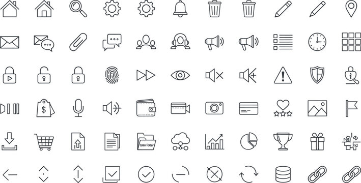 Universal web UI interface line icon vector set featuring business communication navigation social media and multimedia elements