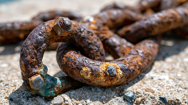 Rusted anchor chain heavy marine links, shackle bolt and nut detail, marine growth attachment scars, zinc anode remnant, concrete quay surface beneath, raking harbour light reading full chain link t