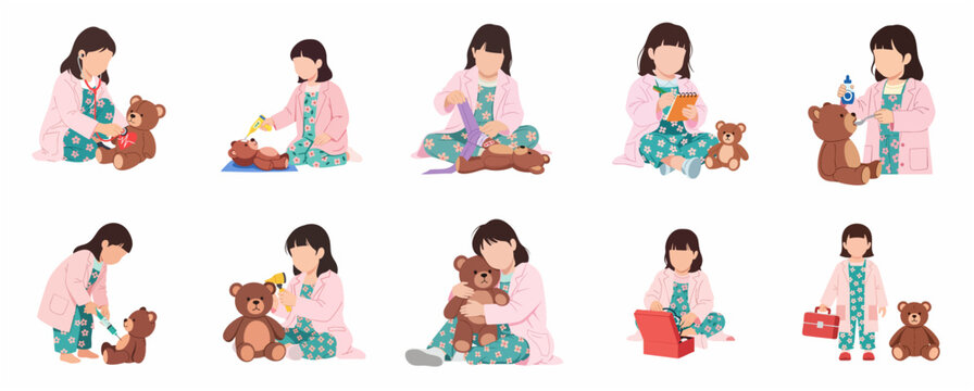 Set of flat illustrations showing a little girl playing doctor with her teddy bear. Child wearing a pink lab coat treats a stuffed animal in various medical roleplay scenarios.