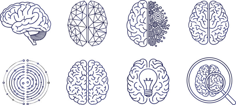 Human brain and artificial intelligence line icon set featuring creative mind psychology logic memory and data analysis