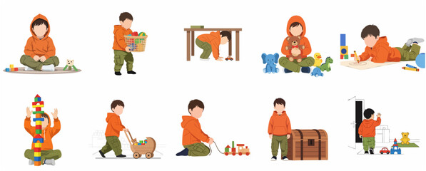 Fototapeta premium Set of flat vector illustrations of a little boy in an orange hoodie playing with various toys and engaging in daily activities