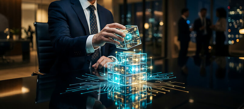 Digital Transformation: business professional developing AI data solutions for future strategy and innovative technology in a modern corporate environment.
