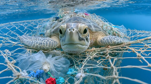 Sea turtle entangled in net, eyes wide with distress