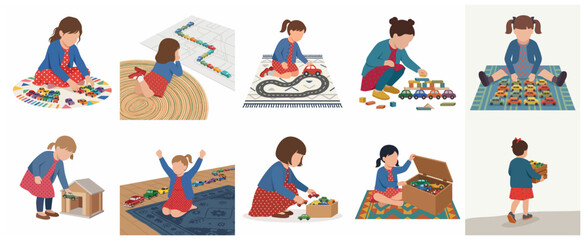 Set of flat illustrations of a little girl playing with various toy cars and colorful blocks at home, showcasing childhood creativity and imagination © Antoonia