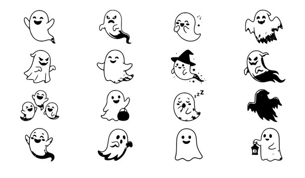 Different ghosts collection vector illustration spooky spirit set isolated on white background
