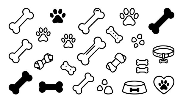 Dog bone icon set vector outline pet treat symbols isolated on white
