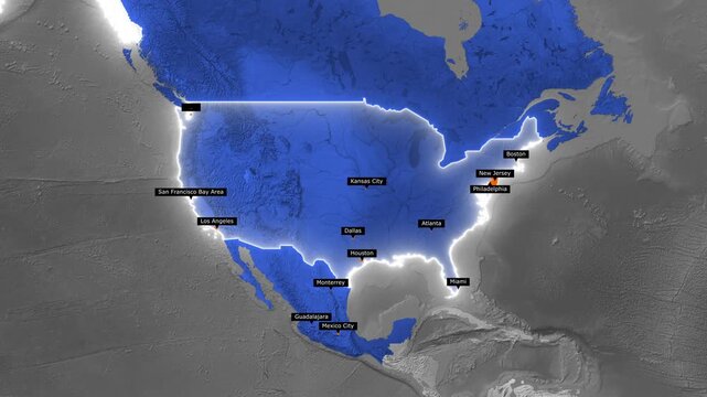 North America soccer championship host cities 3D map animation with blue country highlights