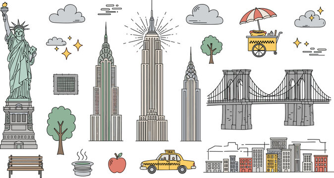 New York City travel line vector icon set featuring liberty statue empire state building brooklyn bridge and landmarks