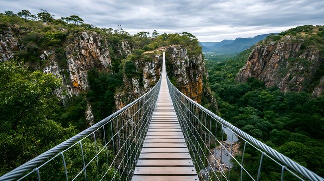 Overlook from high suspension bridge crossing deep canyon