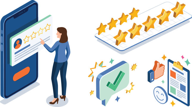 Isometric customer review illustration set featuring mobile five star rating feedback satisfaction business survey and recommendation elements