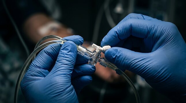 Nurse hands in blue gloves adjusting intravenous stopcock valve