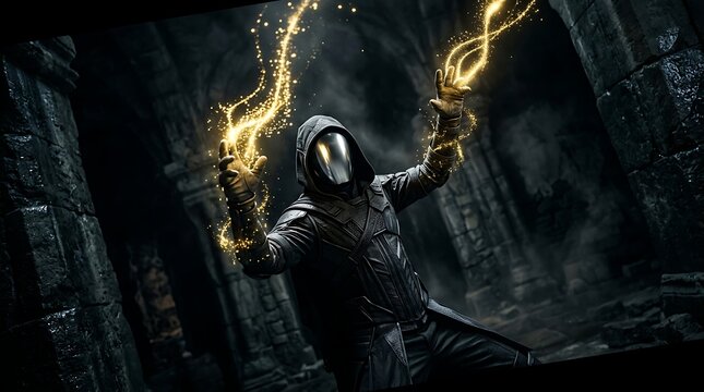 Futuristic sorcerer casting golden magic in dark ancient ruins