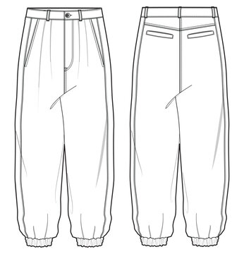 Men's Oversize Jogger pants front and back view flat sketch fashion illustration, Knitted track bottom pants vector template, Sweatpants design drawing