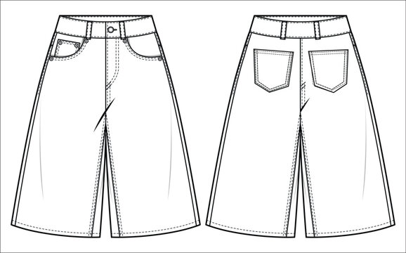 Women wide leg denim jeans trouser pants front and back view flat sketch fashion illustration, Oversize Boot cut five pockets jeans denim pants cad drawing vector template