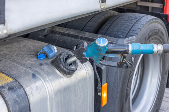 Refueling a commercial semi truck at a gas station. Alytus, Lithuania, 11 May 2026