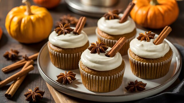 Delicious pumpkin spice cupcakes with cream frosting and cinnamon sticks on a plate