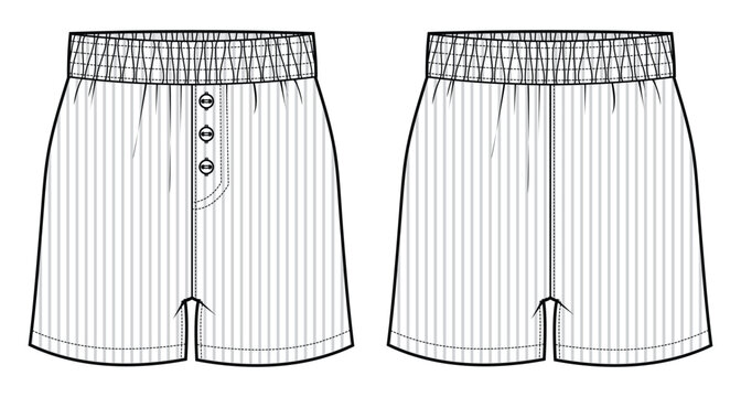 Men's boxer Short underwear front and back view flat sketch fashion illustration, Gents button front boxer shorts  under garments vector template