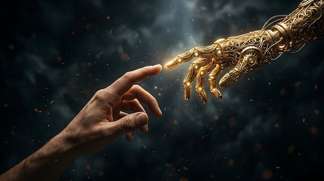 Human hand reaching towards ornate golden robotic hand