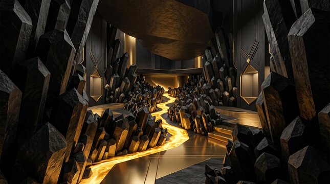Abstract luxury interior with dark crystal formations and glowing gold river