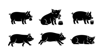 Obraz premium Set of six black pig silhouettes showing various farm animal activities and resting positions