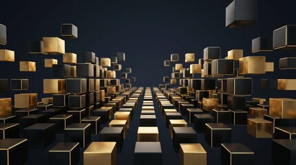 Obraz premium Abstract background with floating black and gold cubes in 3d space