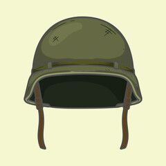 Green military helmet for infantry soldiers isolated on simple light yellow background. © SaflinnDesigns
